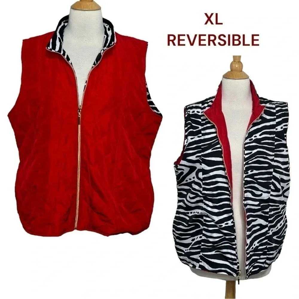 Casual Identity XL red + black/white zebra‎ print reversible quilted vest